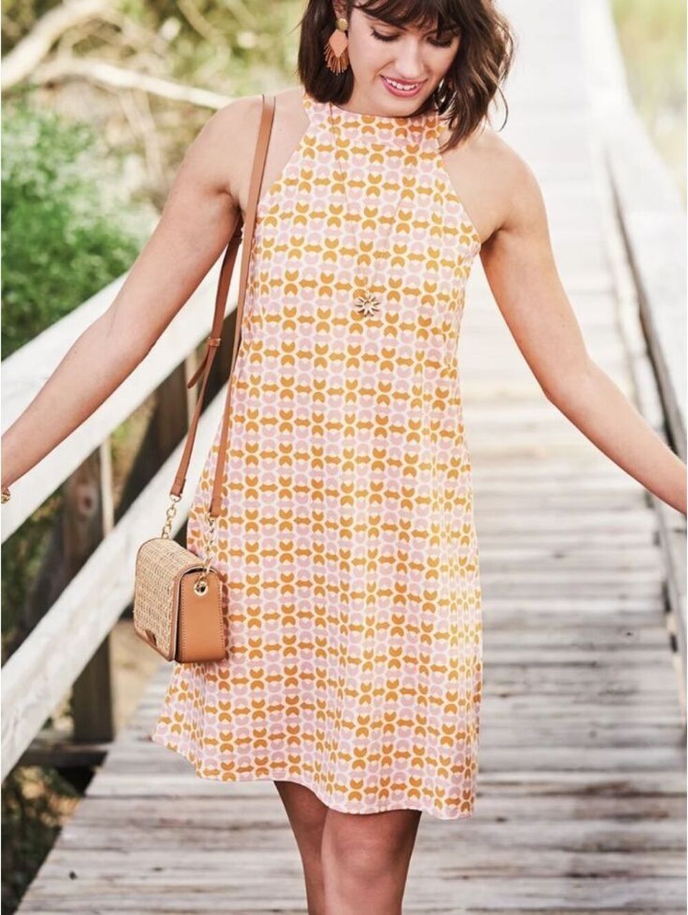 Spartina 449 Women's XXL Halter Shift Dress Pink Yellow Cream Geometric Print